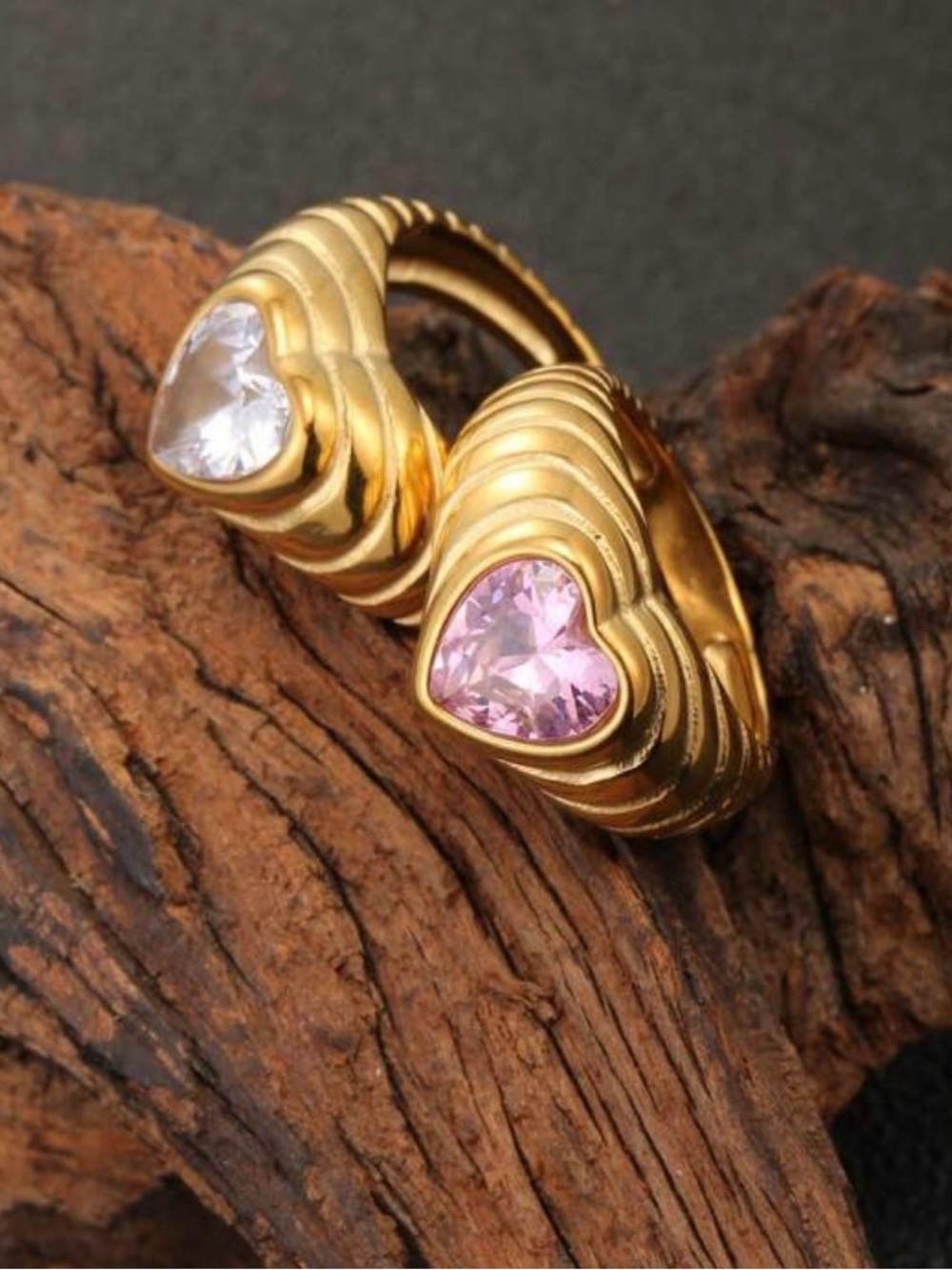 Anthropologie Gold-tone Heart Ring with Pink and Clear Stones